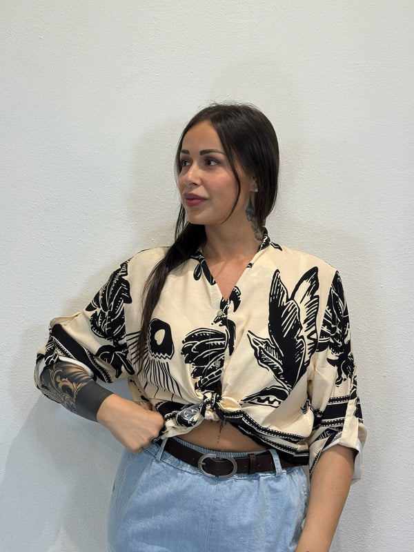 CAMICIA COREANA MUSSOLA FANTASIA BEIGE/NERA FIORE