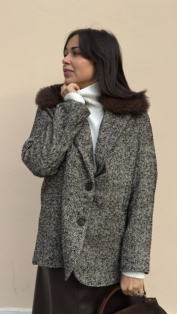 GIACCA/CABAN SPINATO C/COLLO ECOPELLICCIA