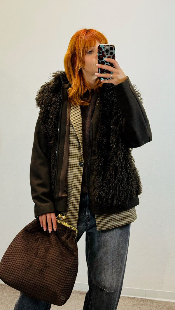 BOMBER PELLICCIA CON MANICA IN TESSUTO