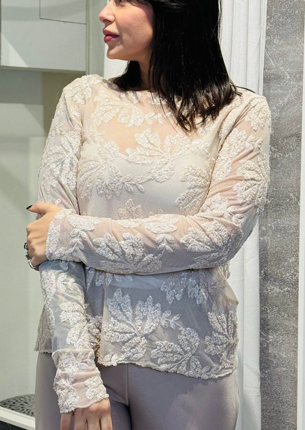 MAGLIA TULLE CON RICAMO PAILLETTES