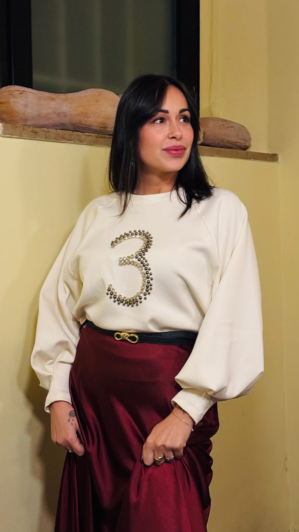 FELPA NUM. 3 STRASS E PERLINE