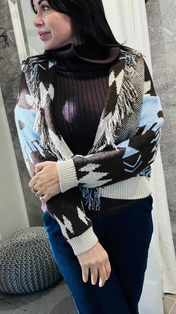 CARDIGAN CORTO FANTASIA ETNICA CON FRANGE