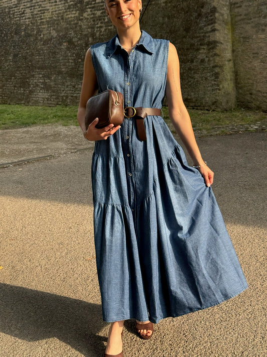 ABITO CHAMBRAY SMANICATO CON CINTURA