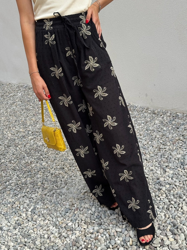 PANTALONE RICAMO FIORI BEIGE/NERO