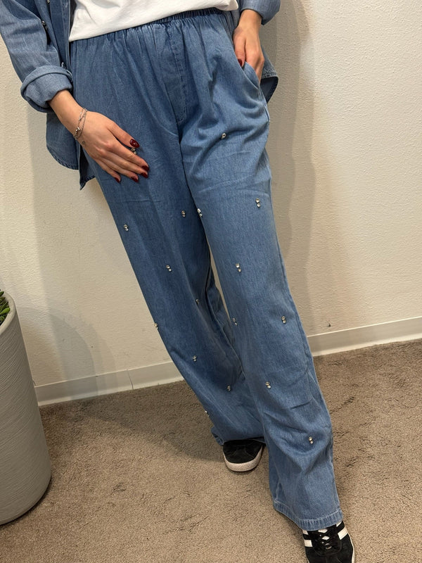 JEANS PALAZZO CON APPLICAZIONI STRASS